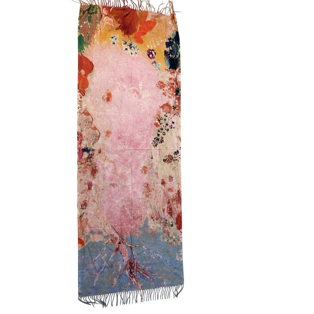 Art to Wear 74"  Fringed Pink Floral Scarf Watercolor Cashmere Viscose Soft wrap